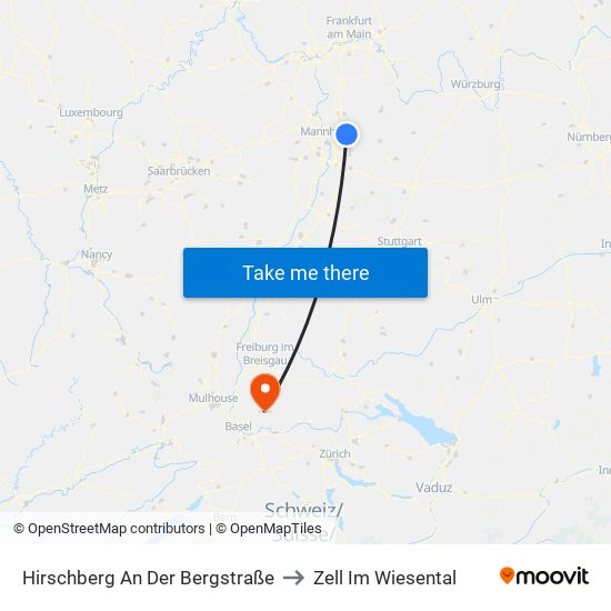 Hirschberg An Der Bergstraße to Zell Im Wiesental map