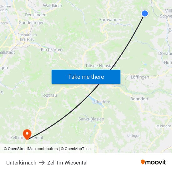 Unterkirnach to Zell Im Wiesental map