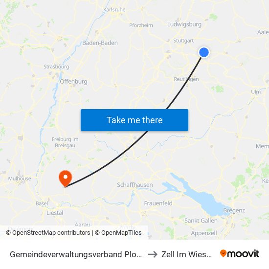 Gemeindeverwaltungsverband Plochingen to Zell Im Wiesental map