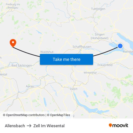 Allensbach to Zell Im Wiesental map