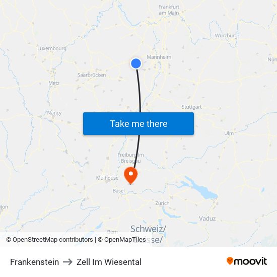 Frankenstein to Zell Im Wiesental map