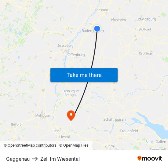 Gaggenau to Zell Im Wiesental map