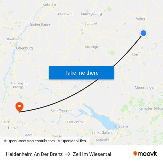 Heidenheim An Der Brenz to Zell Im Wiesental map