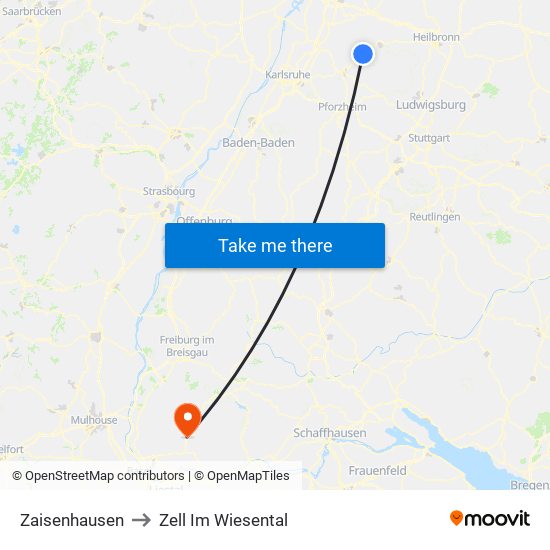 Zaisenhausen to Zell Im Wiesental map