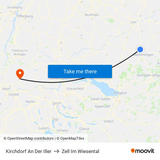 Kirchdorf An Der Iller to Zell Im Wiesental map