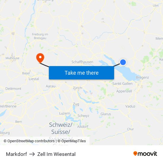 Markdorf to Zell Im Wiesental map