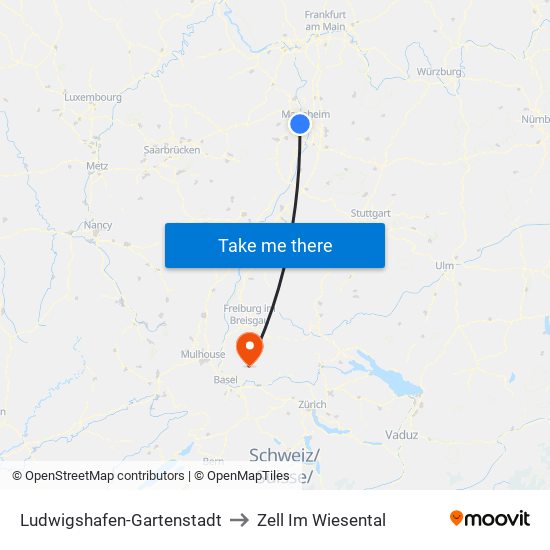 Ludwigshafen-Gartenstadt to Zell Im Wiesental map