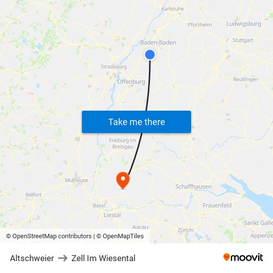 Altschweier to Zell Im Wiesental map