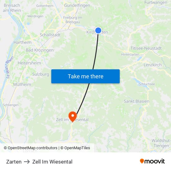 Zarten to Zell Im Wiesental map