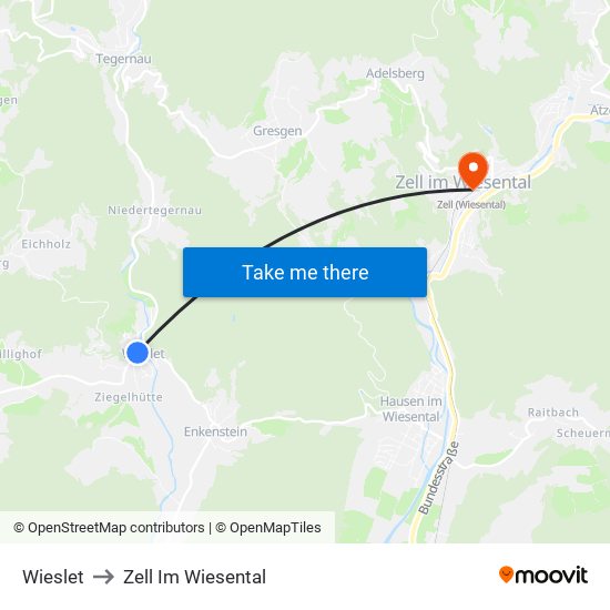 Wieslet to Zell Im Wiesental map