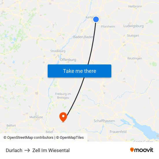 Durlach to Zell Im Wiesental map