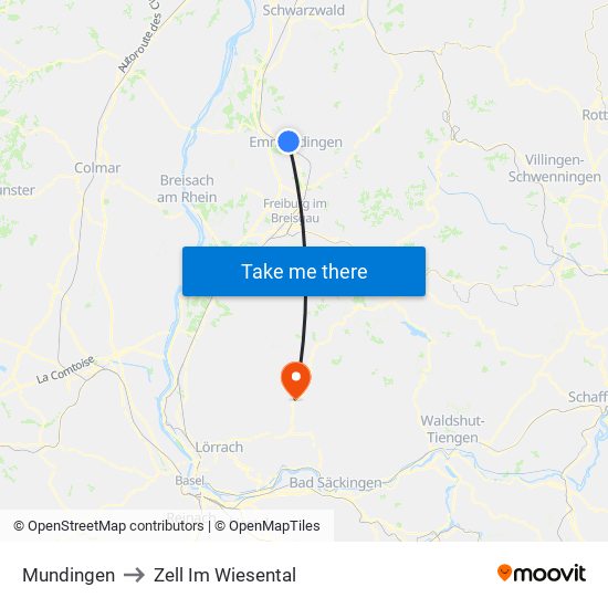 Mundingen to Zell Im Wiesental map