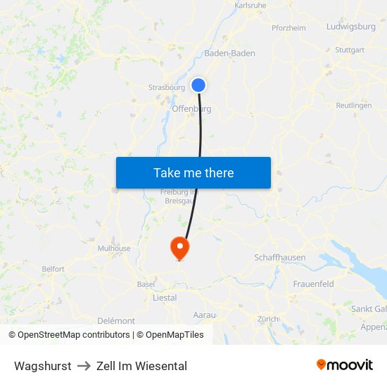Wagshurst to Zell Im Wiesental map