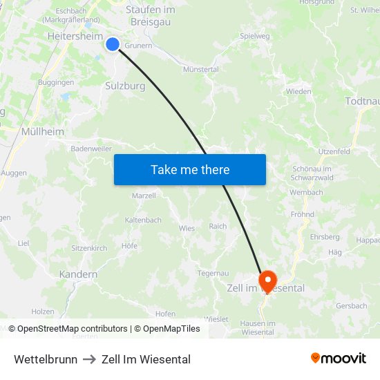 Wettelbrunn to Zell Im Wiesental map