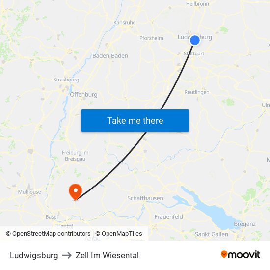 Ludwigsburg to Zell Im Wiesental map