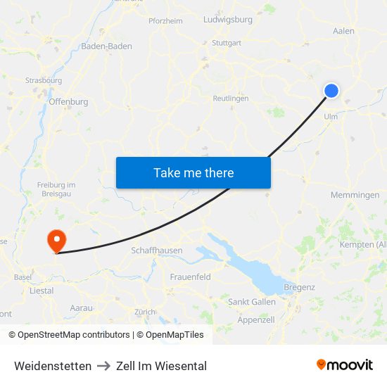 Weidenstetten to Zell Im Wiesental map