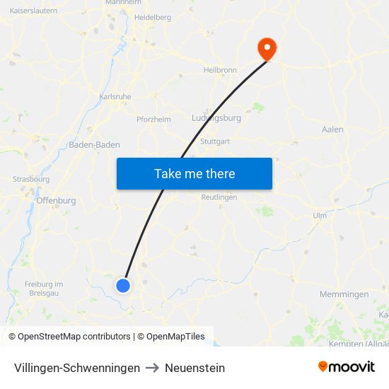 Villingen-Schwenningen to Neuenstein map