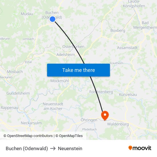 Buchen (Odenwald) to Neuenstein map