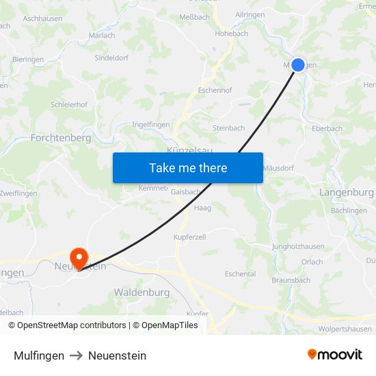 Mulfingen to Neuenstein map