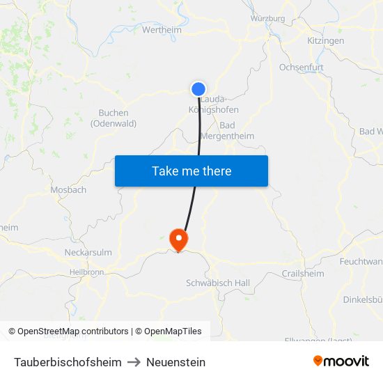 Tauberbischofsheim to Neuenstein map