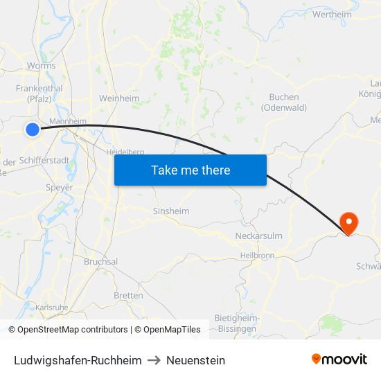Ludwigshafen-Ruchheim to Neuenstein map