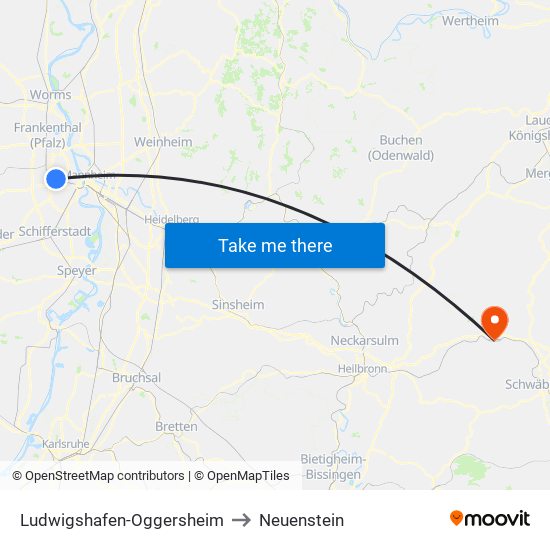 Ludwigshafen-Oggersheim to Neuenstein map