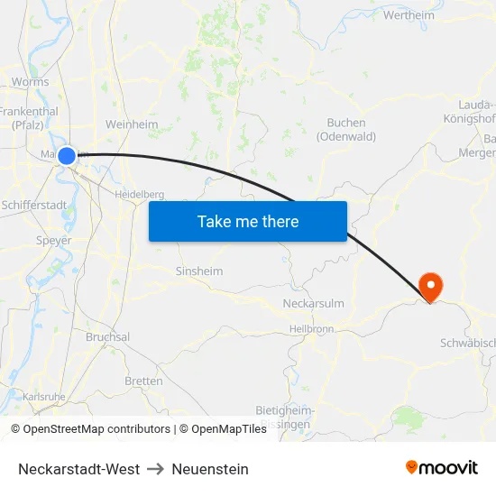 Neckarstadt-West to Neuenstein map