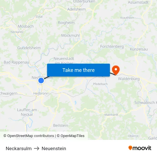 Neckarsulm to Neuenstein map