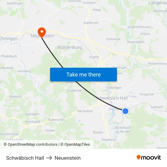 Schwäbisch Hall to Neuenstein map
