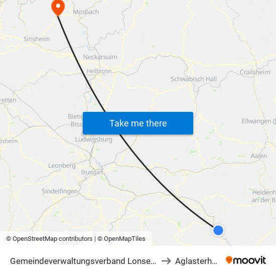 Gemeindeverwaltungsverband Lonsee-Amstetten to Aglasterhausen map