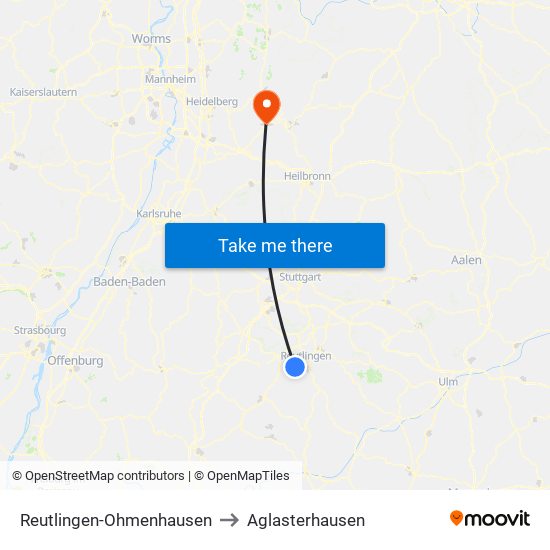 Reutlingen-Ohmenhausen to Aglasterhausen map