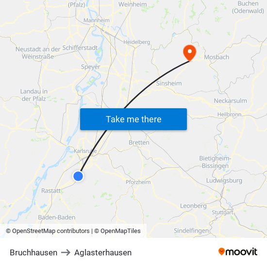 Bruchhausen to Aglasterhausen map