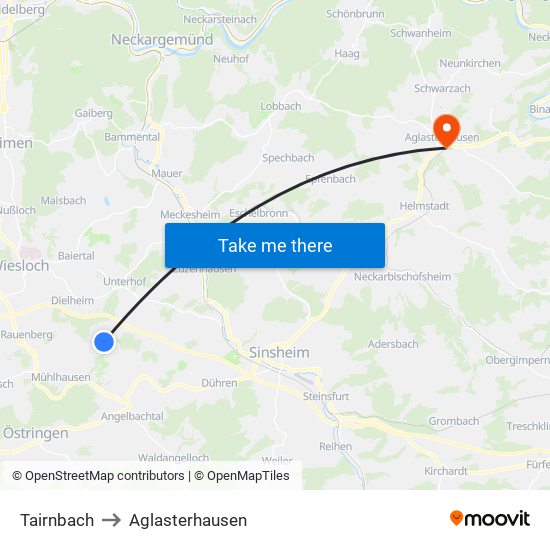 Tairnbach to Aglasterhausen map