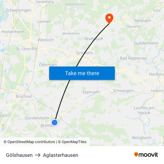 Gölshausen to Aglasterhausen map
