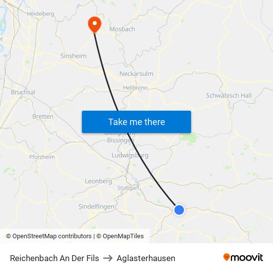 Reichenbach An Der Fils to Aglasterhausen map