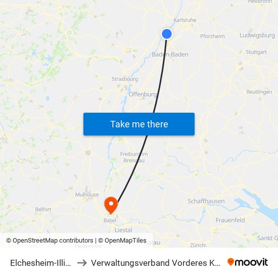Elchesheim-Illingen to Verwaltungsverband Vorderes Kandertal map
