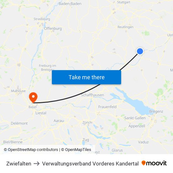 Zwiefalten to Verwaltungsverband Vorderes Kandertal map