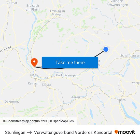 Stühlingen to Verwaltungsverband Vorderes Kandertal map