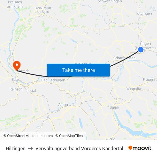 Hilzingen to Verwaltungsverband Vorderes Kandertal map
