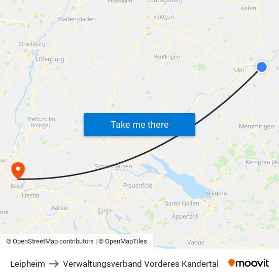 Leipheim to Verwaltungsverband Vorderes Kandertal map