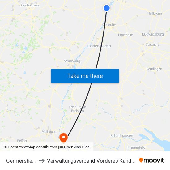 Germersheim to Verwaltungsverband Vorderes Kandertal map