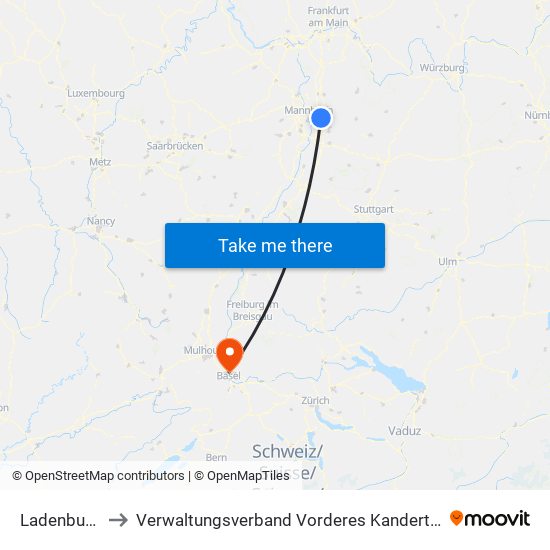 Ladenburg to Verwaltungsverband Vorderes Kandertal map