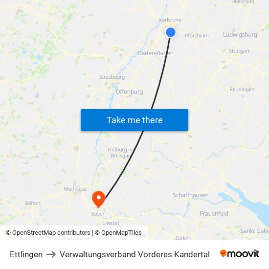 Ettlingen to Verwaltungsverband Vorderes Kandertal map