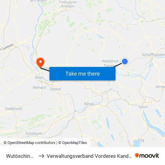 Wutöschingen to Verwaltungsverband Vorderes Kandertal map