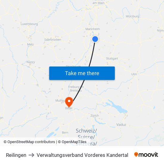 Reilingen to Verwaltungsverband Vorderes Kandertal map