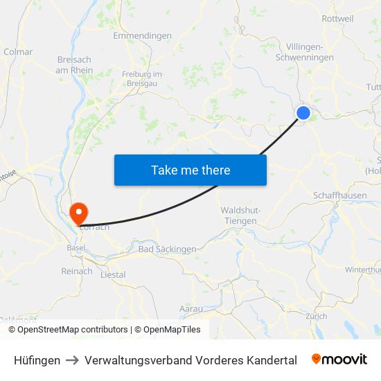 Hüfingen to Verwaltungsverband Vorderes Kandertal map