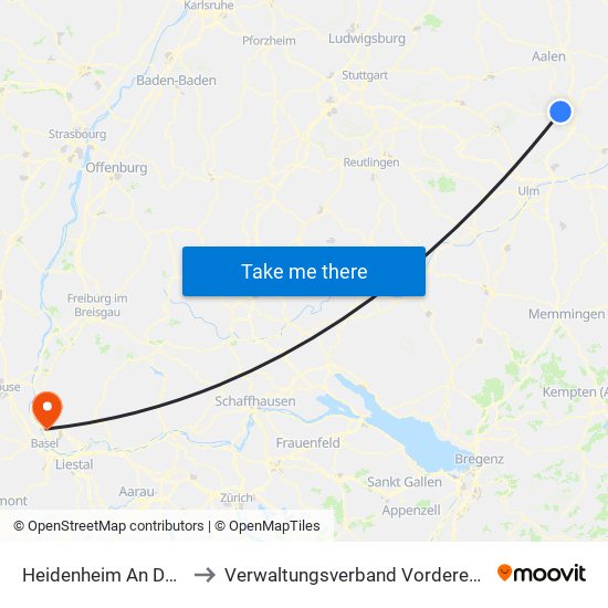 Heidenheim An Der Brenz to Verwaltungsverband Vorderes Kandertal map