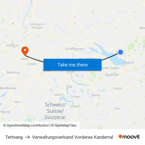 Tettnang to Verwaltungsverband Vorderes Kandertal map