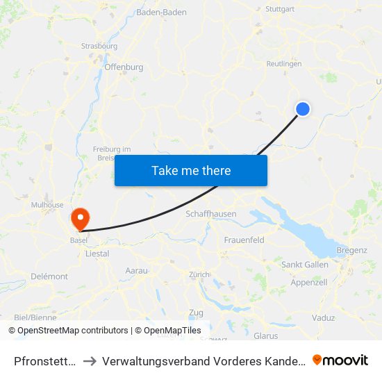 Pfronstetten to Verwaltungsverband Vorderes Kandertal map