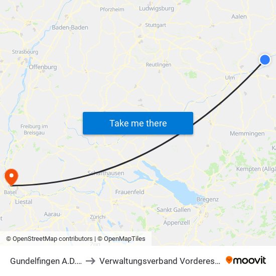 Gundelfingen A.D.Donau to Verwaltungsverband Vorderes Kandertal map